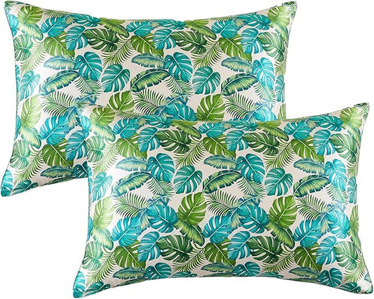 THXSILK Set of 2 Mulberry Silk Pillowcase for Hair and Skin, Pure Natural Silk Organic Pillow Cover, Soft and Breathable Zipper Pillowcase, Queen Size 20"x30", Green Monstera Print