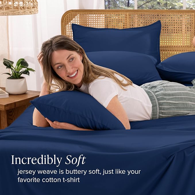 Bare Home 100% Organic Cotton Jersey Sheet Set, Ultra Soft, 100% Cotton - Sheet Set & Pillowcase - Deep Pocket Bed Sheets (Twin, Dark Blue)
