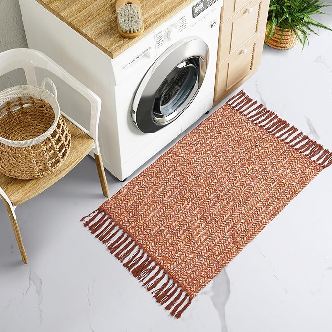 Lahome Belle Boho Fall Kitchen Rug, 2x3 Bathroom Rug Lightweight Indoor Door Mats for Entryway Small Cotton Area Rug with Tassels, Farmhouse Washable Throw Rugs Low Pile Carpet for Bedroom