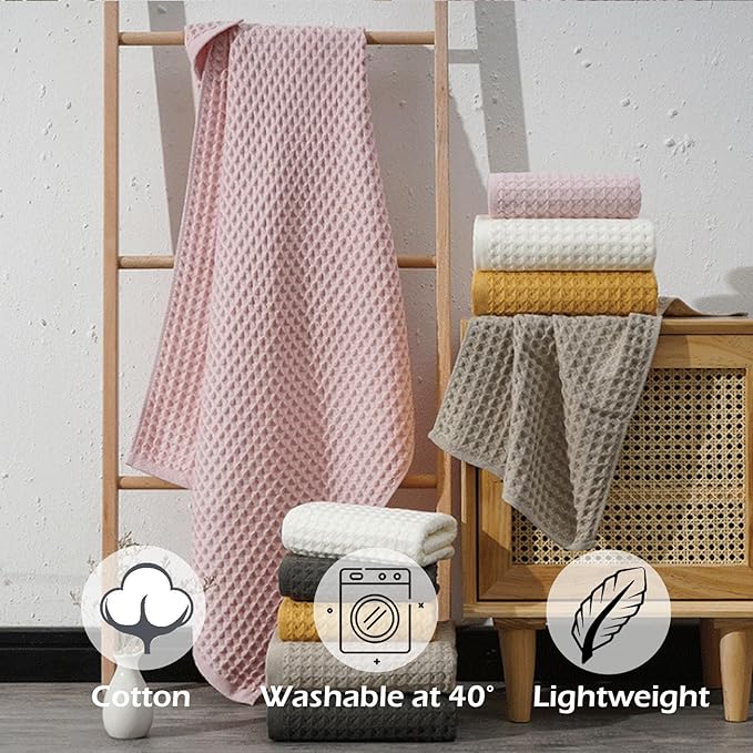 SK Studio 6 Piece Cotton Waffle Bath Towel Set - Absorbent Quick Dry with 2 Bath Towels, 2 Hand Towels, 2 Washcloths for Spa - Khaki