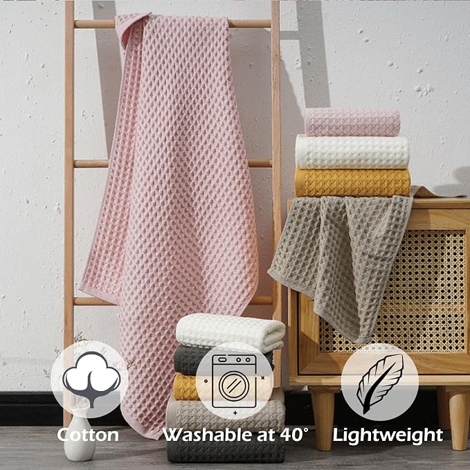 SK Studio 6 Piece Waffle Bath Towel Set, Cotton Hotel Large Absorbent Quick Dry with 2 Towels, 2 Hand Towels, 2 Washcloths for Spa Yellow