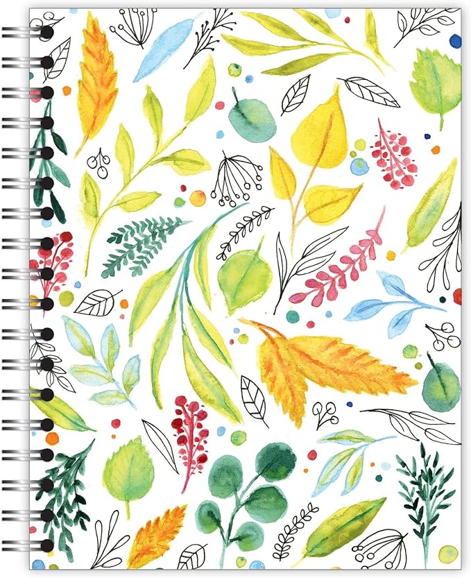 Small Spiral Bound Recycled Notebook, Leaves Design, 9.75" x 7.5", 70 Sheets, Double-Wire, College Ruled, Vegan, Made in USA