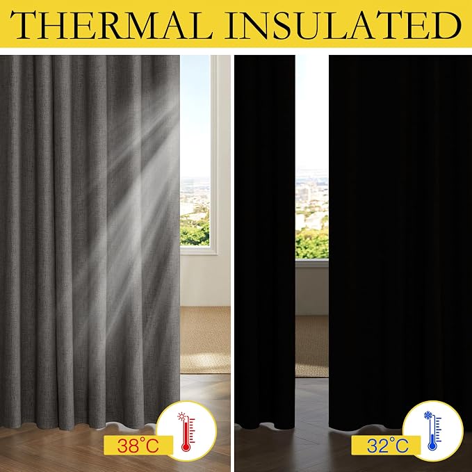 NICETOWN Grizzle Gray Linen 100% Blackout Curtains for Living Room, W52 x L84 in, Set of 2, Thermal Insulated Curtains with Light Blocking Liner, Noise Reducing Rod Pocket Window Treatments for Hall