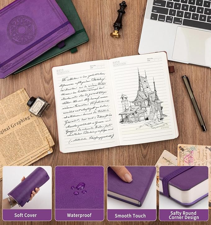Lined Journal Notebook, A5 Leather Vintage Journals for Writing, 288 Pages College Ruled Notepad for Women Men, Vegan Leather Daily Notebook for Work, School, Travel, Note Taking(Celtic Star, Purple)