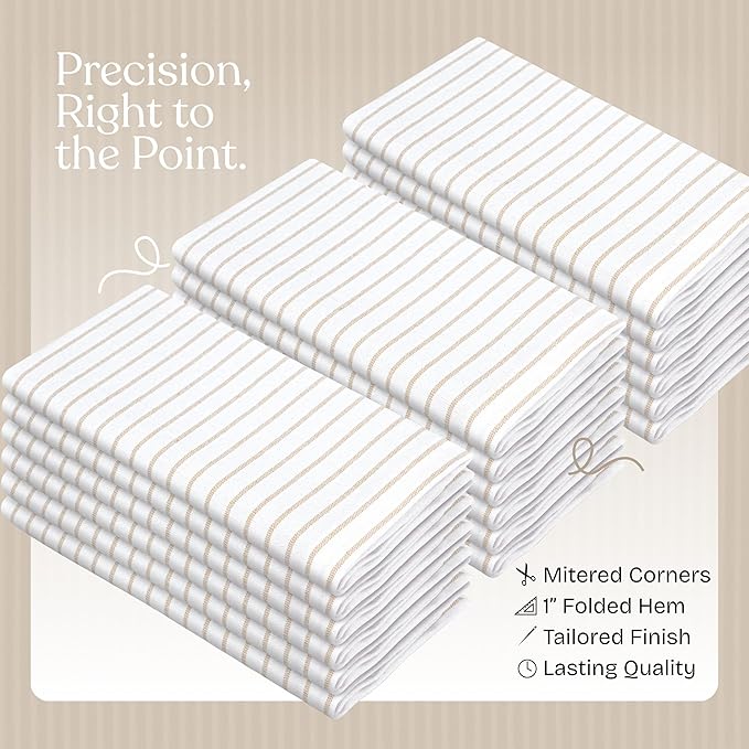 Beige Stripe Cloth Napkins (Set of 12), 18x18 Inch, 100% Cotton, Machine Washable, Classic Striped Table Dinner Napkin for Farmhouse Dining, Everyday Use & Special Occasions