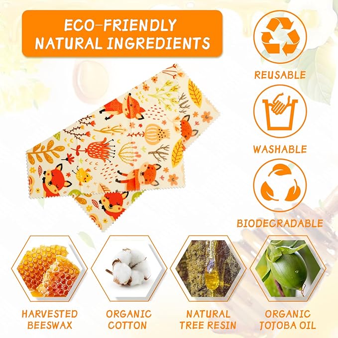Reusable Beeswax Wrap - 9 Pack, Beeswax Wraps for Food, Eco-Friendly Beeswax Food Wrap, Organic, Sustainable, Biodegradable, Zero Waste, Plastic-Free Food Storage (1L Giraffe | 3M Fox | 5S Bird)