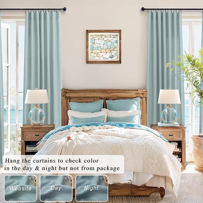 Aqua Curtains 108 Inches Long for Kids Room 2 Panels Set Back Tab Pocket Drapes Light Filtering Semi Sheer Linen Polyester Farmhouse Mint Green Curtain for Living Dining Sliding Seafoam Teal Grey 9 FT