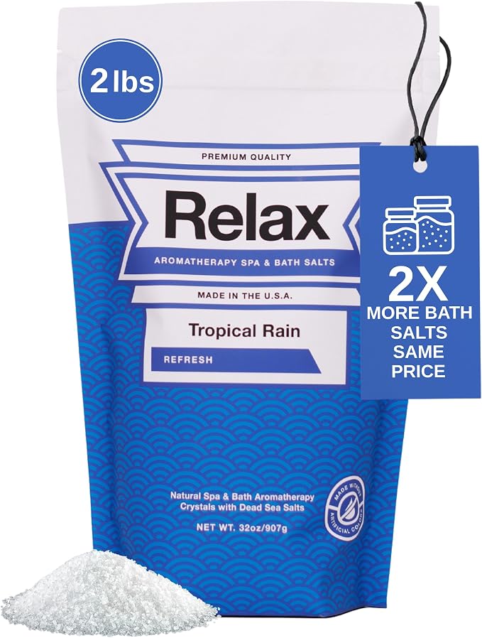 Relax Spa & Bath Aromatherapy Bath Salts for Hot Tub, Bath, or Spa, 2LB Bag Infused with Magnesium, Bath Salt for Soaking, Tropical Rain Scent