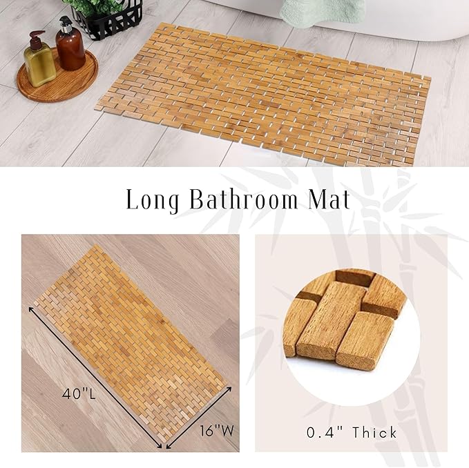 EVIDECO French Home Goods Rectangular Natural Bamboo Bathroom Mat - Non Slip Bath Mat - Perfect for Shower, Spa, Sauna and Bathroom Decor - Foldable Duckboard, 16 x 40 inches, Light Brown