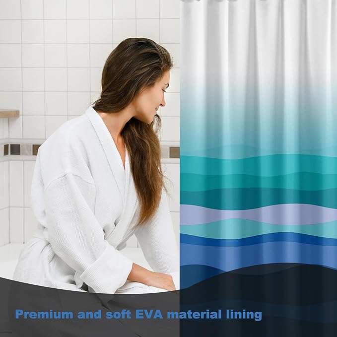 Plastic Shower Curtain Liner, Premium EVA 5G Wave Shower Curtain, Shower Curtains for Bathroom with 3 Magnetic Weights and Rustproof Grommets (Blue-Green Wave, 72x72 in)