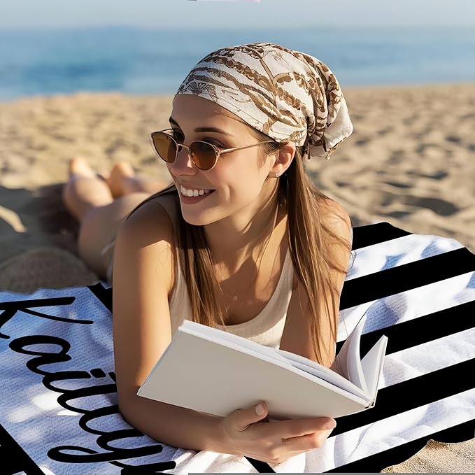 JML Personalized Beach Towel with Name, Custom Cabana Stripe Beach Towel, Customized Microfiber Pool Towel, Quick Dry & Absorbent Swim Towel for Adult,Anniversary, Birthday, Summer Holiday,Vacation