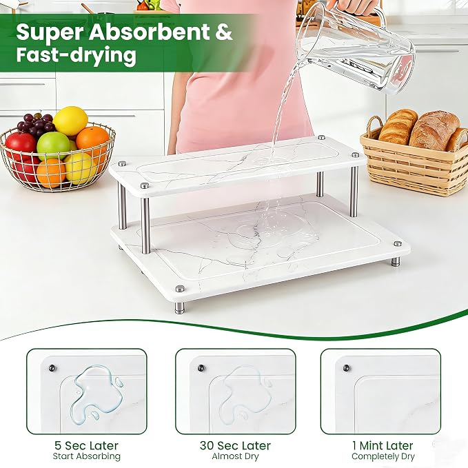 Stone Dish Drying Rack, Double-layer Stone Dish Drying Mat for Kitchen Counter,Super Absorbent Diatomaceous Earth Dish Dry Rack with Non-Slip Stainless Steel Feet for Kitchen/Bedroom/Bathroom Supplies