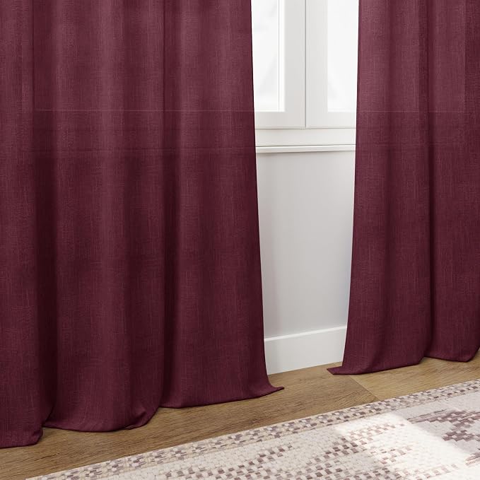 Burgundy Linen Curtains 63 Inches Long 2 Panel Sets for Living Room Bedroom Rod Pocket Back Tab Light Filtering Drape for Kitchen Window Short Protect Privacy Curtain Modern Farmhouse Decor 52x63
