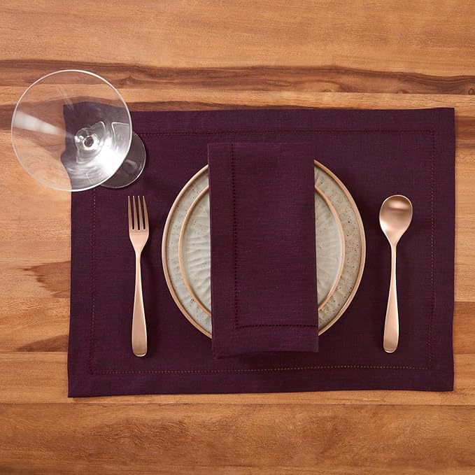 Solino Home Linen Cloth Placemats Set of 4-100% Pure Linen Hemstitch Chambray Burgundy Placemats 14 x 19 Inch - Milan Hemstitch Table Place Mats
