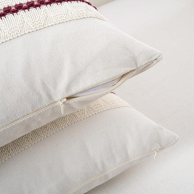 Fancy Homi Set of 1 Burgundy Boho Long Lumbar Decorative Throw Pillow Cover 14x24 Inch for Couch Bed Sofa, Aesthetic Modern Farmhouse Christmas Room Decor, Soft Cotton Cute Wind Red Cushion Case