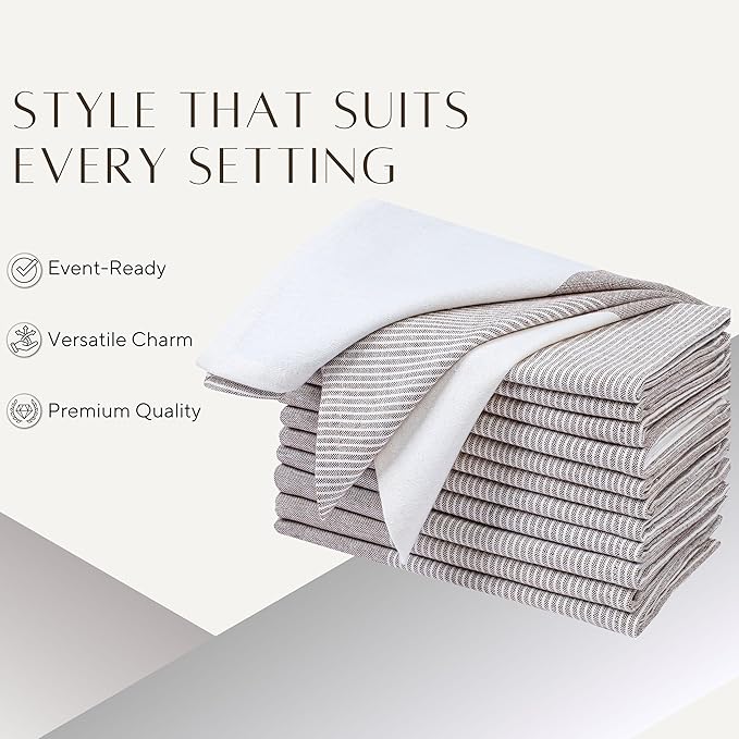 Ramanta Home Cloth Napkins Set of 12 18x18 Inches - Spring Basket Decor Block Striped Dinner Napkins for Easter Farmhouse Wedding, Washable Soft Cotton Durable Table Linen -Everyday Use - Nut Brown