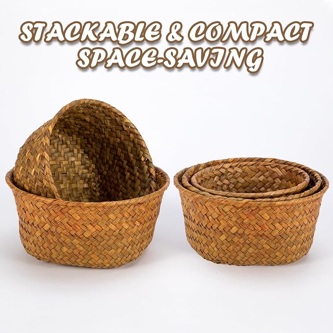 3 Set Small Seagrass Woven Storage Baskets, Natural Woven Round Basket Bin for Farmhouse Kitchen Countertop Pantry Shelf Organization, Stackable Mini Fruit Vegetable Holder