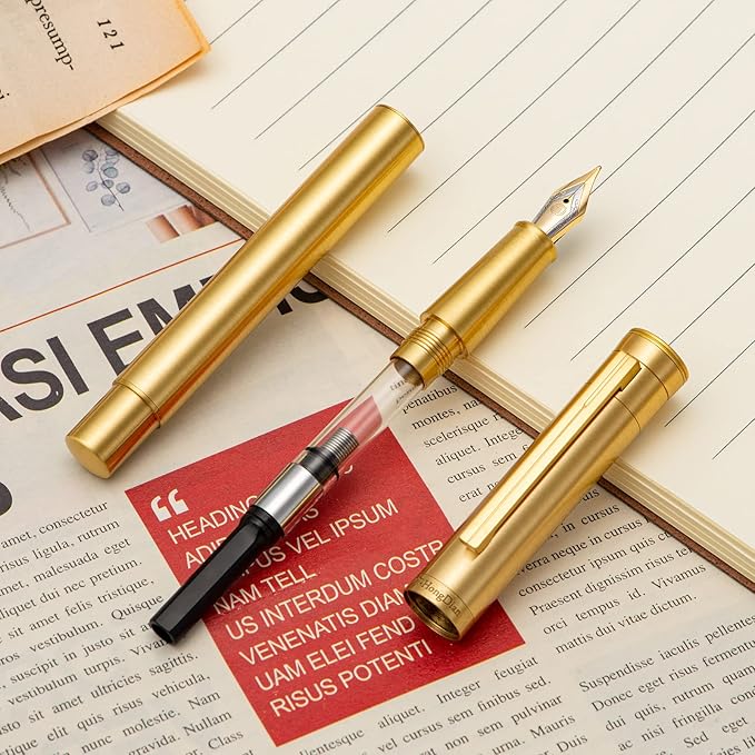 HONG DIAN Brass Fountain Pen Fine Nib Forest Pro, Classic Design Consistent Solid Writing Pen with Ink Refill Converter and Metal Pen Case Set