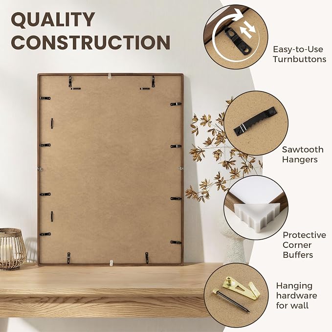 22x28 Poster Frame, USA-Sourced Walnut Wood Frame Wall Mounted, 22x28 Picture Frame with Real Glass, 22 x 28 Picture Frame Matted to 18x24 Photo for Vertical & Horizontal Hanging, 1 Pack