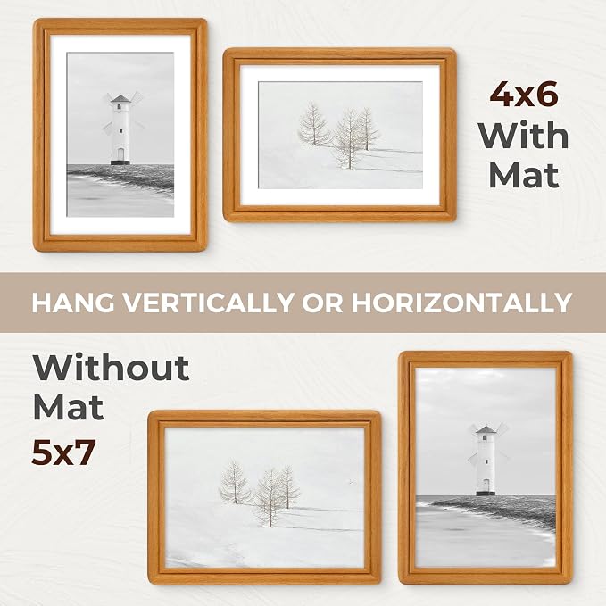 5x7 Picture Frame with Mat for 4x6, USA-Sourced Teak Wood Handcrafted Rounded Corner with HD Tempered Glass, 5 x 7 Photo Frames Gallery Wall & Tabletop, Vertically or Horizontally, 2 Pack
