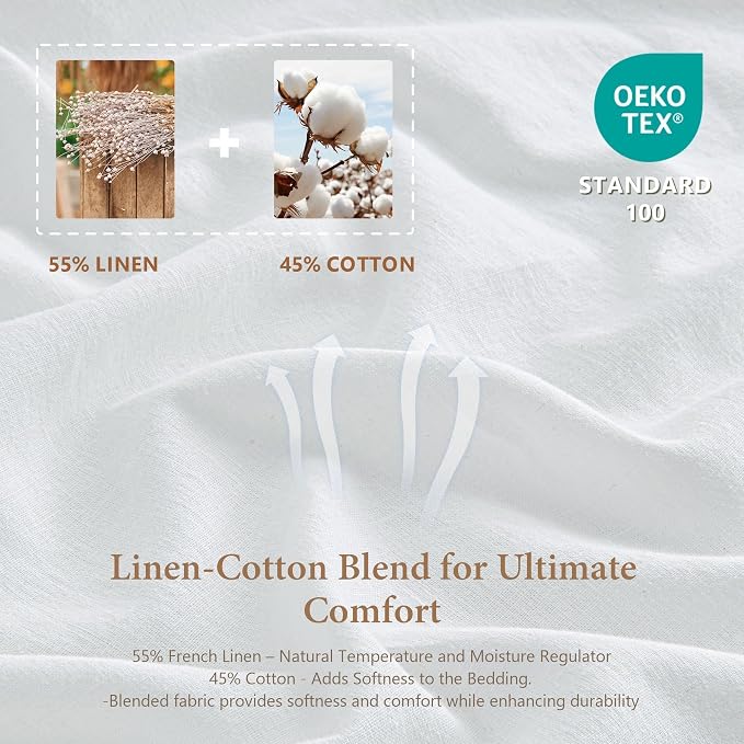 QKTE French Linen Duvet Cover Set, 3 PCS Natural French Flax White Duvet Cover Queen Size, Breathable Soft Comfy Linen Bedding Comforter Cover with 2 Pillowcases(White, 88" x 92")