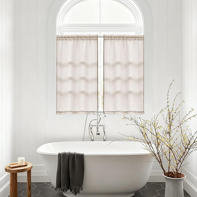 Linen Textured Bathroom Window Curtains 36 Inch Length Short Kitchen Curtain Semi Sheer Farmhouse Boho Curtains 2 Panels Tan Beige Light Coffee for Cafe Bedroom Rod Pocket Drapes W30xL36