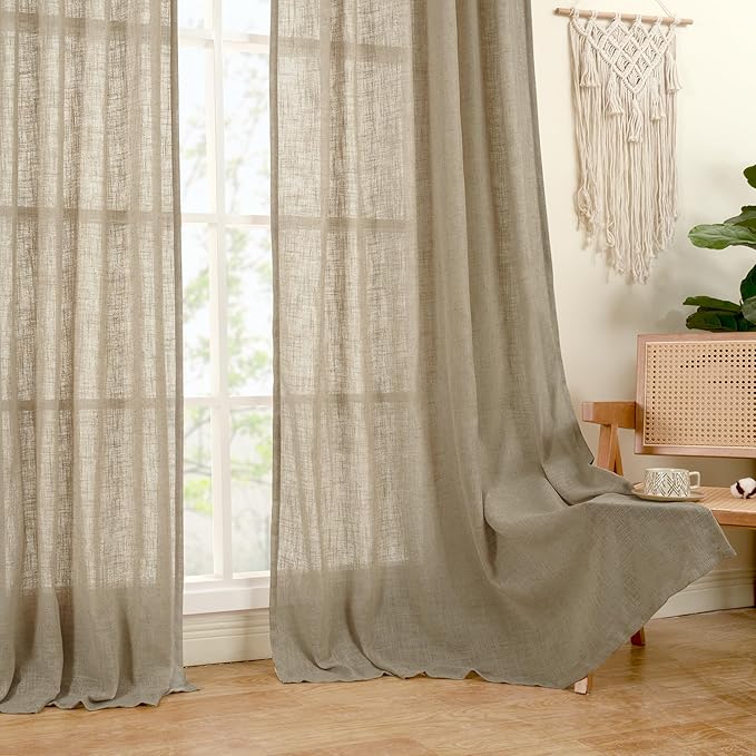 LAMIT Taupe Sheer Linen Curtains, 108 inch Light Filtering Semi Sheer Panels Back Tab and Rod Pocket Farmhouse Rust Drapes for Bedroom/Living Room, 2 Panels, 52 x 108 Inch