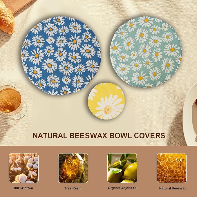 Reusable Bowl Covers for Bread Proofing - Beeswax Bowl Covers Reusable 3 Set, Cotton Blend Stretch Design, Fits 4-13 Inch Bowls, Shower Caps for Sourdough Bread, Dough Proofing & Food Storage(Daisy)