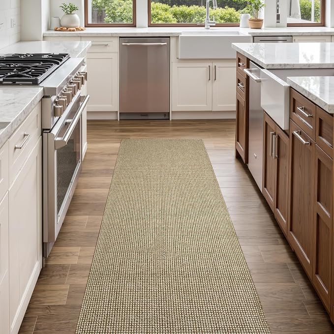 Uphome Kitchen Runner Rug, 2'6x8 Washable Boho Rug Runners for Hallways Non Slip, Low Pile Woven Cotton Modern Carpet Runners, Stain Resistant Bedroom Runner Rug for Hallway Entryway Entrance, Tan