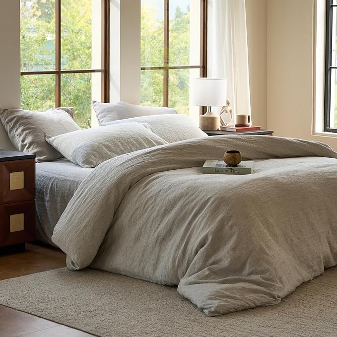 SIJO Premium Stone Washed Organic French Linen Duvet Cover, GOTS Certified Organic, Small Batch Sourced from Normandy, Best Cooling Linen Sheet Award by Sleep Foundation (Pinstripe, Full/Queen)