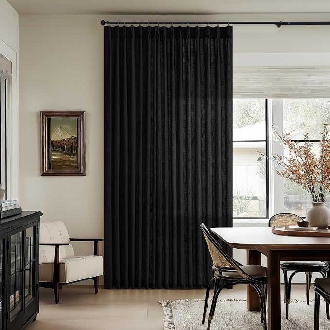 Pinch Pleated Black Linen Curtains 84 Inches Long 2 Panels Set for Living Room Bedroom Dining Pinch Pleat Back Tab Light Filtering Boho Farmhouse Neutral Window Curtain Drapes 84 Inch Length W50xL84