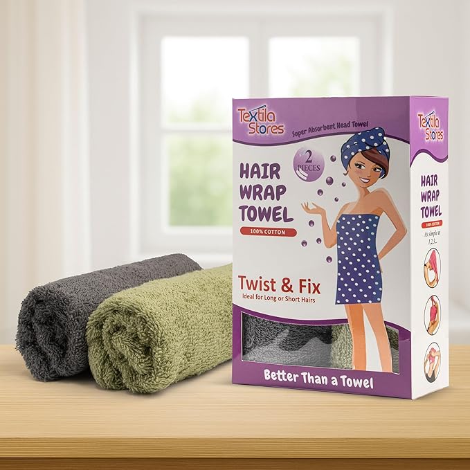 Textila 100% Cotton Hair Wrap Towels for Women (Pack of 2, Grey & Green) – Soft & Absorbent Turban Towels for Long, Curly, Frizz-Prone Hair