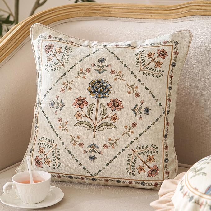 ISAENNE Design Square Floral Linen Throw Pillow Covers 18"x18" Pack of 2, Yellow Pink Flower Pattern Cushion Covers Decor Pillowcases for Bed,Living Room,Outdoor,Car