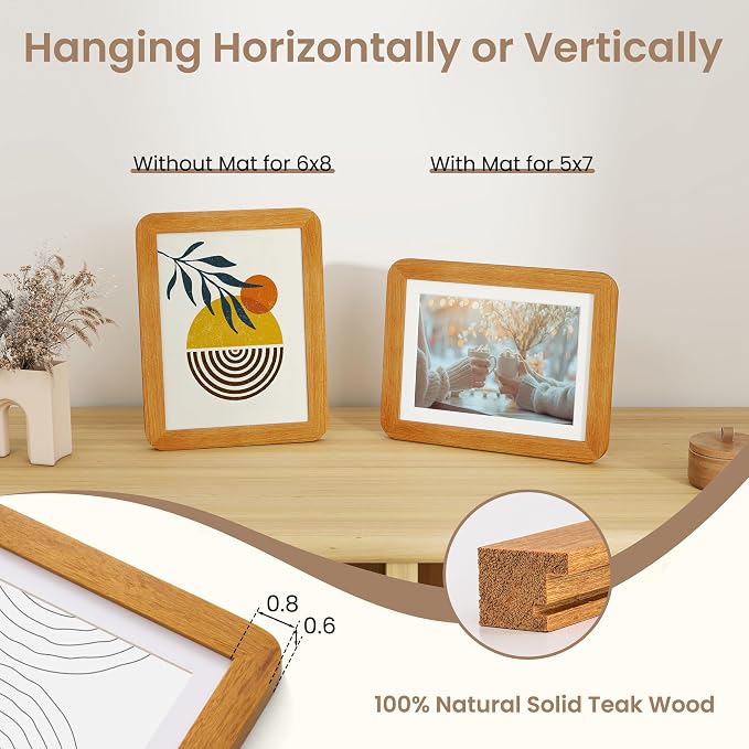 Fun Memories 6x8 Picture Frame - Solid Teak Wood Frame for Wall & Tabletop Display, 6x8 Frame Matted to 5x7, 6 By 8 Horizontal or Vertical with Tempered Glass & Wall Kit, Natural Teak