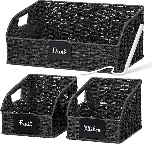 Pantry Organizers, Handwoven Large Wicker Baskets for Shelves, Labeled Storage Baskets for Organizing with Handles - Paper Storage Bins, Boho Decorative, 3 Pack, Black