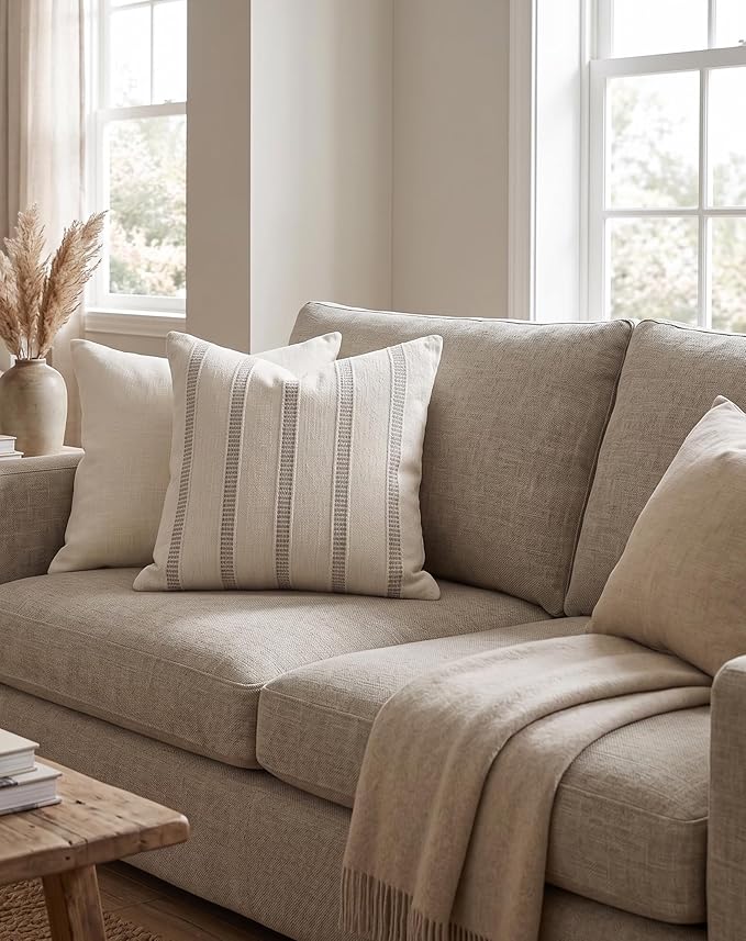 SanVia Cotton Throw Pillow Covers 20x20 – Handwoven Jacquard Texture, Fade-Resistant, No Pilling – Hidden Zipper, Decorative Cushion Cover for Sofa, Couch, Bed – Insert Not Included (Farmhouse, Grey)