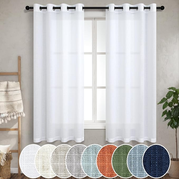 Pitalk White 54 Inch Curtain Set for Bedroom 2 Panels Lightweight Semi Sheer Light Fitering Linen Bathroom Curtains for Window Sunroom 52x54 Inches Long