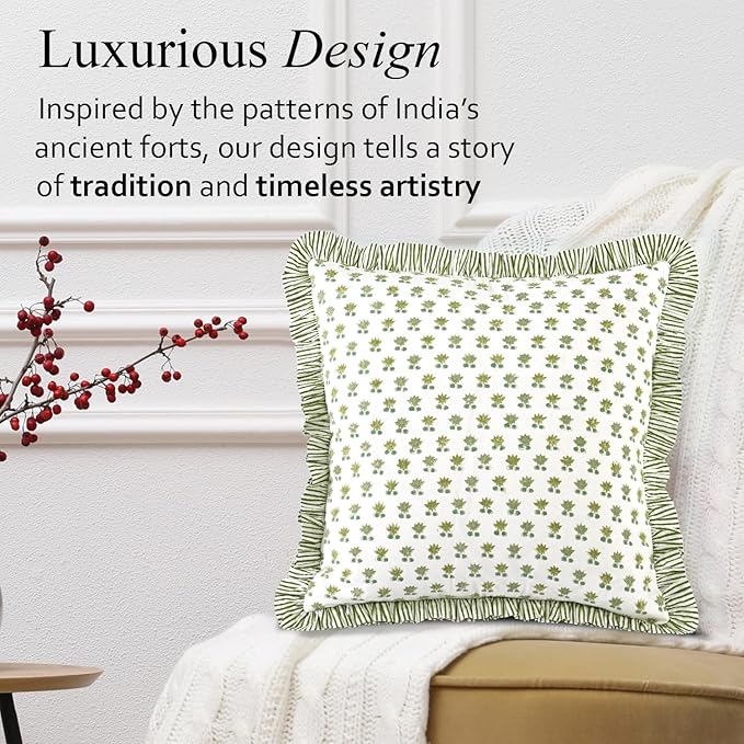 CPC Lotus Meadow Hand Block Print 100% Cotton Ruffle Throw Pillow Cover 24x24 inch with Hidden Zipper Decorative for Couch, Bed, Sofa, Farmhouse, Cottagecore Decor Gift Christmas Fall Thanksgiving