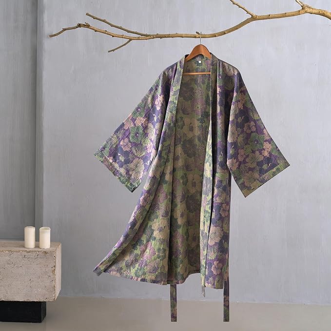 100% Cotton Gauze Ginkgo Leaf Kimono Robe, Long Knit Loose Bathrobe Nightgown Ladies Loungewear Sleepwear for Women