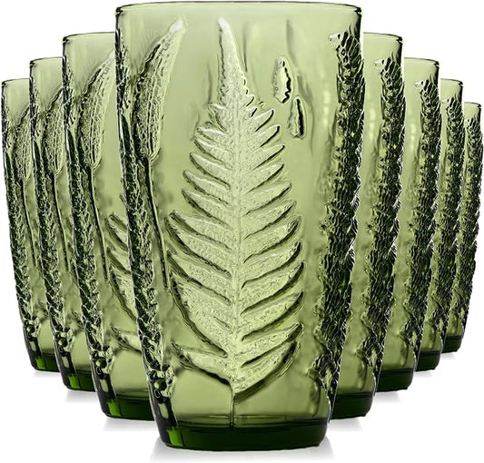 Green Drinking Glasses Set of 8, 16 oz Vintage Hand-Pressed Glass Cups, Fern Textured Highball Tumblers, Antique Style Boho Glassware for Water, Juice, Cocktails & Mocktails, Housewarming Gift Set