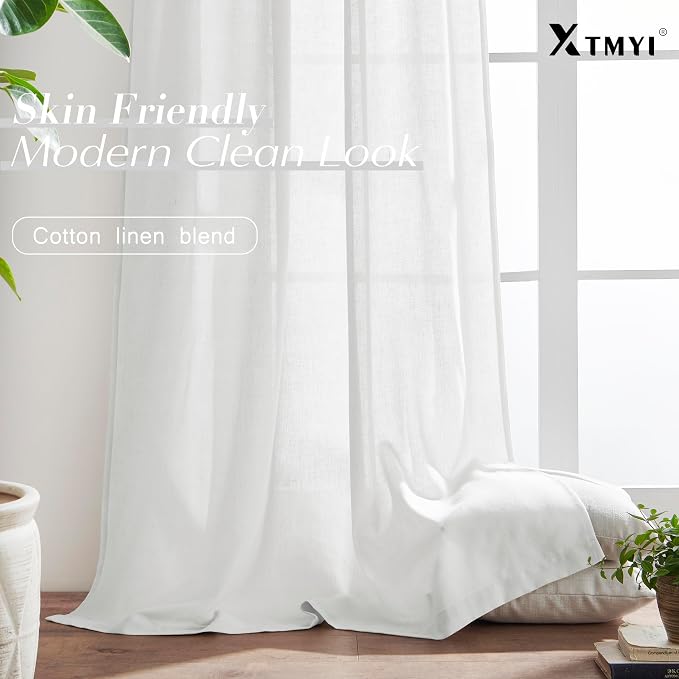 XTMYI White Sheer Curtains 63 Inch Length for Living Room 2 Panels Natural Linen Voile Rod Pocket Back Tab Short Sill Length Bay Window Curtain Set for Dark Bedroom,50x63 Inches Long,Pure White