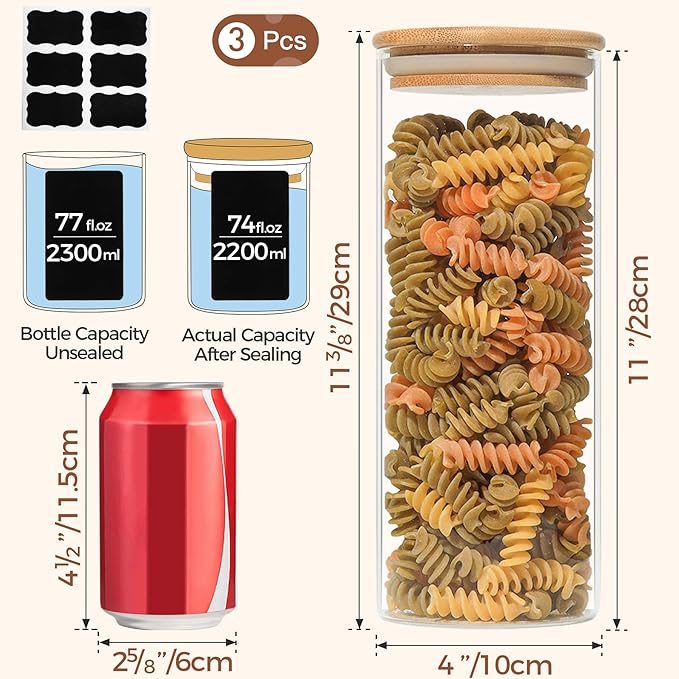 ComSaf Set of 9 Glass Storage Containers with Lids, Glass Jars with Bamboo Lids, Clear Food Storage Jar, Round Glass Canister, Pantry Organizers and Storage for Pasta Flour Rice Coffee Bean