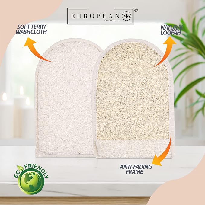 Egyptian Loofah Sponge, Large Double-Sided Exfoliating Mitt | Natural Wearable Shower Glove With Soft And Firm Textures For Deep Body Scrubbing (1 Count)