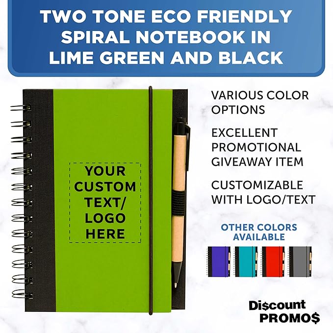 DISCOUNT PROMOS Custom Eco Block Notebooks with Pens Set of 10/50/100, Personalized Bulk Pack - Perfect for School, Office, Business, Home - Lime Green