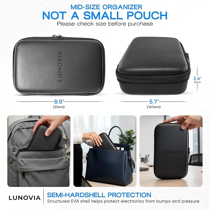 Mid-Size Tech Organizer with Removable Pouches – Hard Shell Travel Case for Cables, Chargers & Accessories | Electronics Organizer for Travel