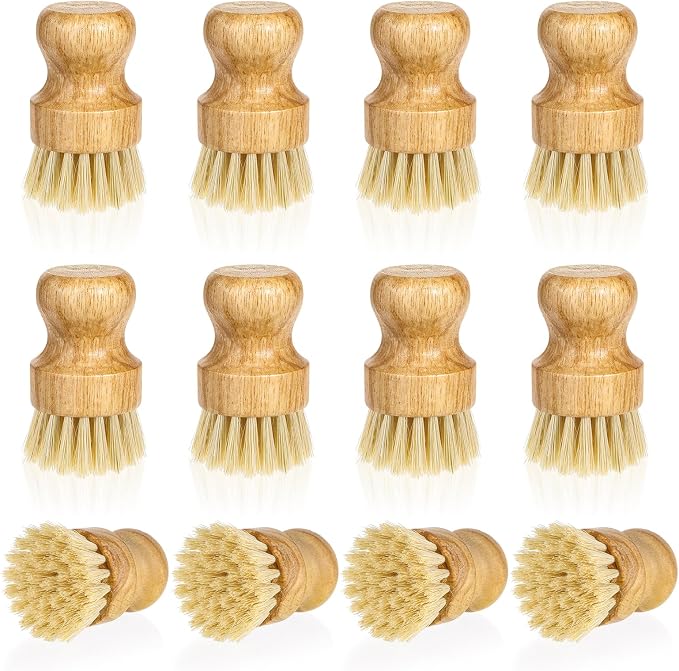12 Pcs Bamboo Dish Scrub Brushes Kitchen Dishwashing Cleaning Brush Wooden Scrubbers Set Sisal Bristles Cleaner Scrubber for Washing Cast Iron Pan Pot Sink Spatula