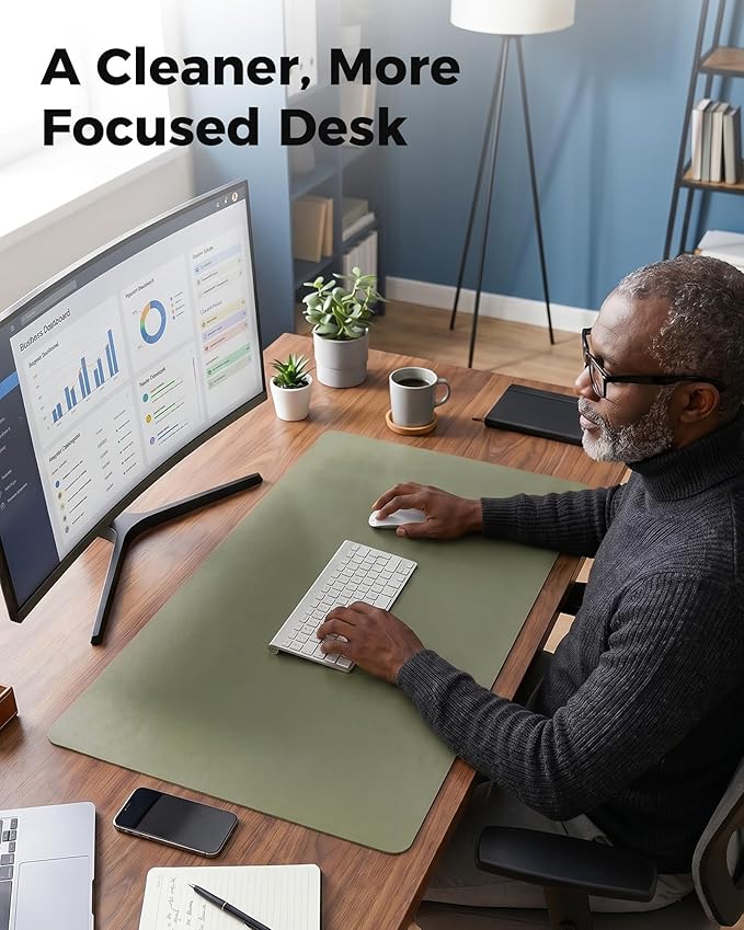 Aothia Cork Desk Mat - Dual-Sided Extra Large Desk Pad & Keyboard Mat, Long PU Leather Desk Protector, Waterproof Desktop Blotter (47" x 17", Olive Green)