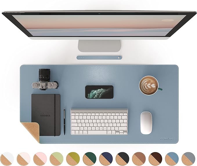 RENMTURE Dual-Sided Mouse Pad, Natural Cork & PU Leather Large Desk Pad for Office and Home Work, Desk Protector Non-Slip, Waterproof, Easy Clean (Blue Gray, 32"x16")