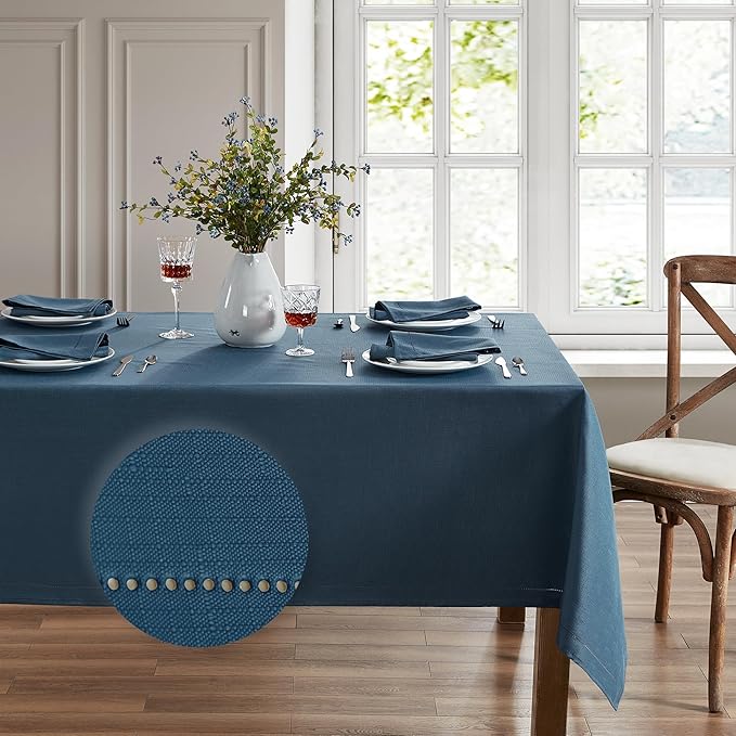 Elrene Home Fashions Alison Eyelet Border Design Wrinkle Resistant Fabric Tablecloth, 60"x102" Rectangle, Copen Blue