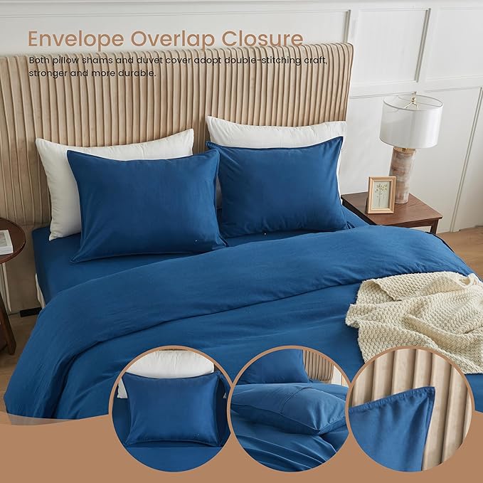 BISELINA French Linen Duvet Cover Set 3pcs with Hidden Zipper Closure Natural Flax Cotton Blend Solid Color Soft Breathable Luxury Farmhouse Bedding - King Size, Navy Blue